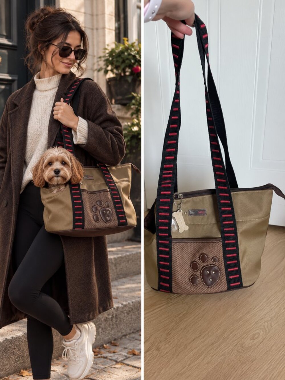 Edgar & Sooky Brown Tan Paw Print Pet Carrier Tote Structured Travel Dog Cat